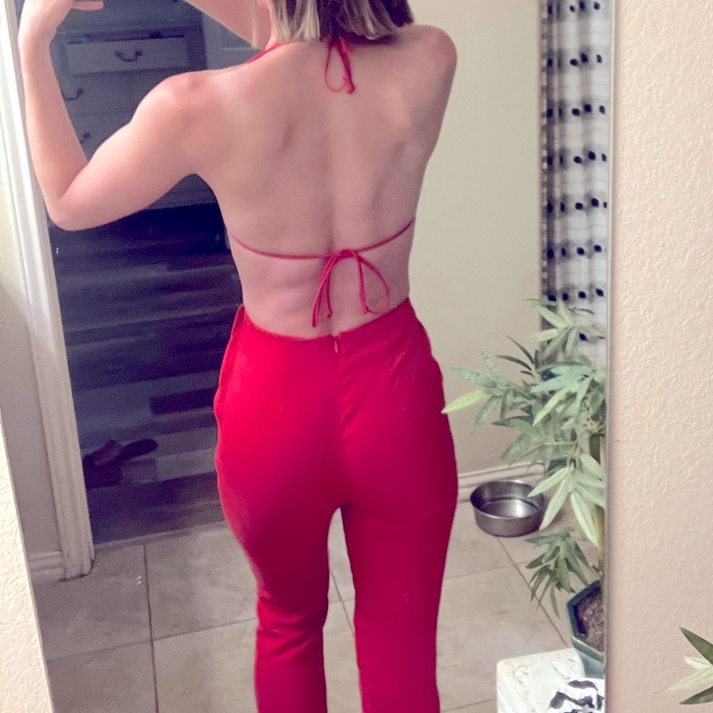 Reformation Leilani red cutout backless tie-back lace-up linen jumpsuit romper